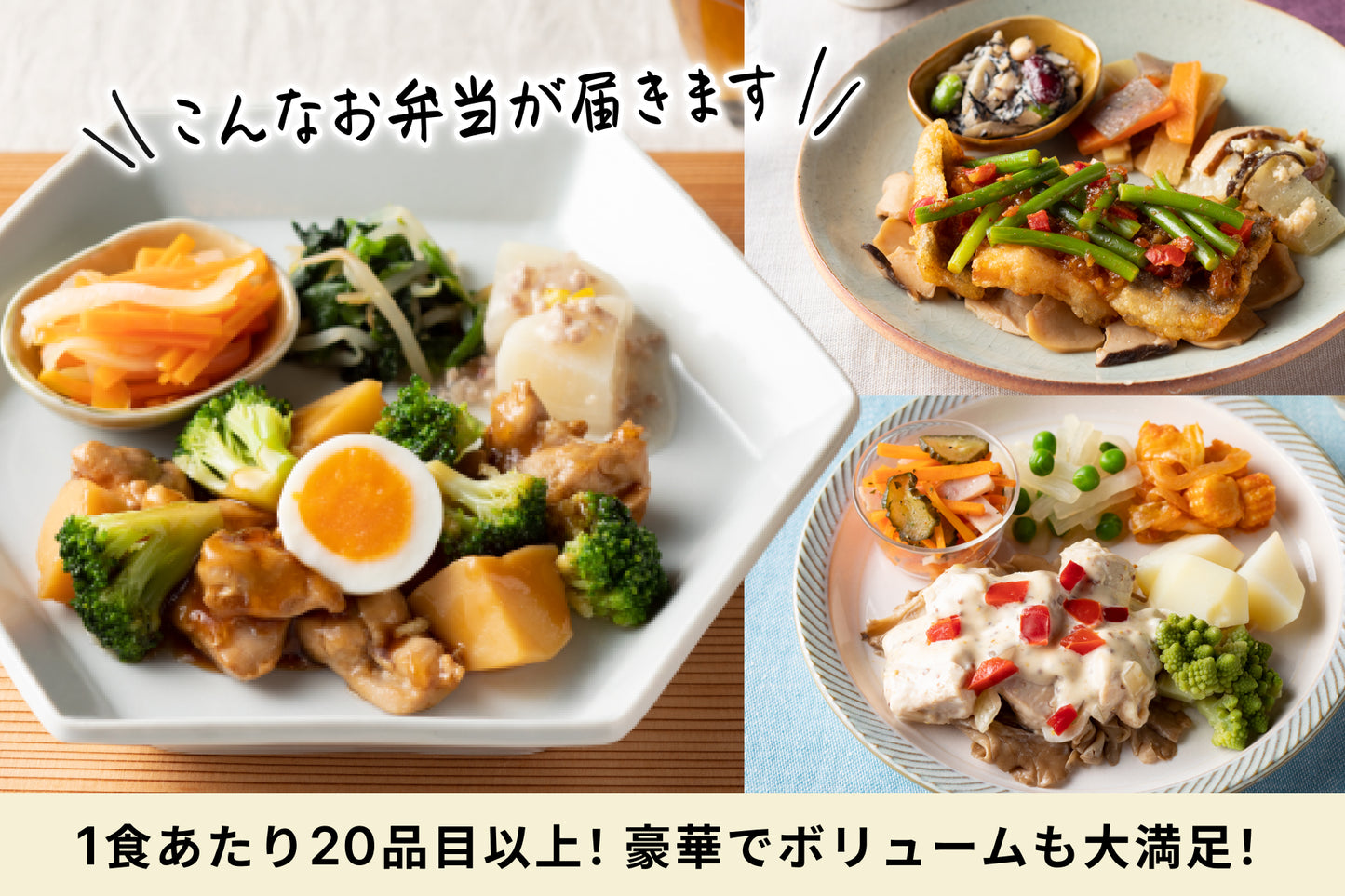 ワタミdeおいしい健康
こんなお弁当が届きます
1食あたり20品目以上!豪華でボリュームも大満足!