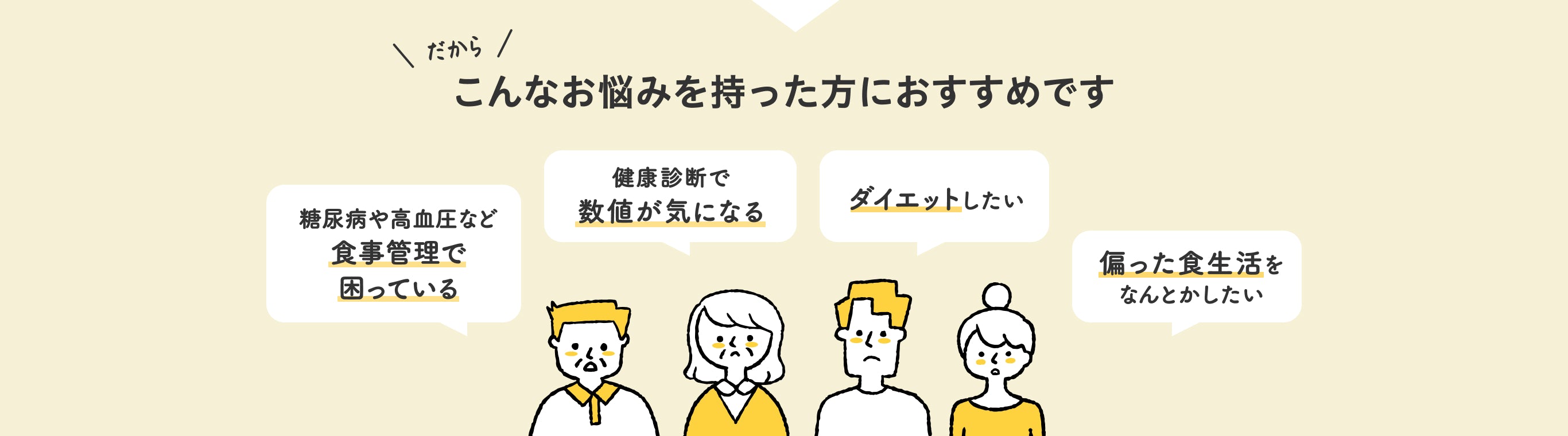 「ワタミdeおいしい健康」はこんなお悩みを持った方におすすめです／糖尿病や高血圧など食事管理で困っている／健康診断で数値が気になる／ダイエットしたい／偏った食生活をなんとかしたい