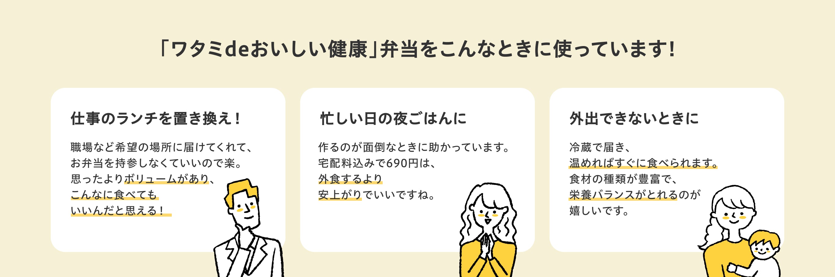 「ワタミdeおいしい健康」弁当をこんなときに使っています!／仕事のランチを置き換え！職場など希望の場所に届けてくれて、お弁当を持参しなくていいので楽。思ったよりボリュームがあり、こんなに食べてもいいんだと思える！／忙しい日の夜ごはんに。作るのが面倒なときに助かっています。宅配料込みで690円は、外食するより安上がりでいいですね。／外出できないときに。冷蔵で届き、温めればすぐに食べられます。食材の種類が豊富で、栄養バランスがとれるのが嬉しいです。